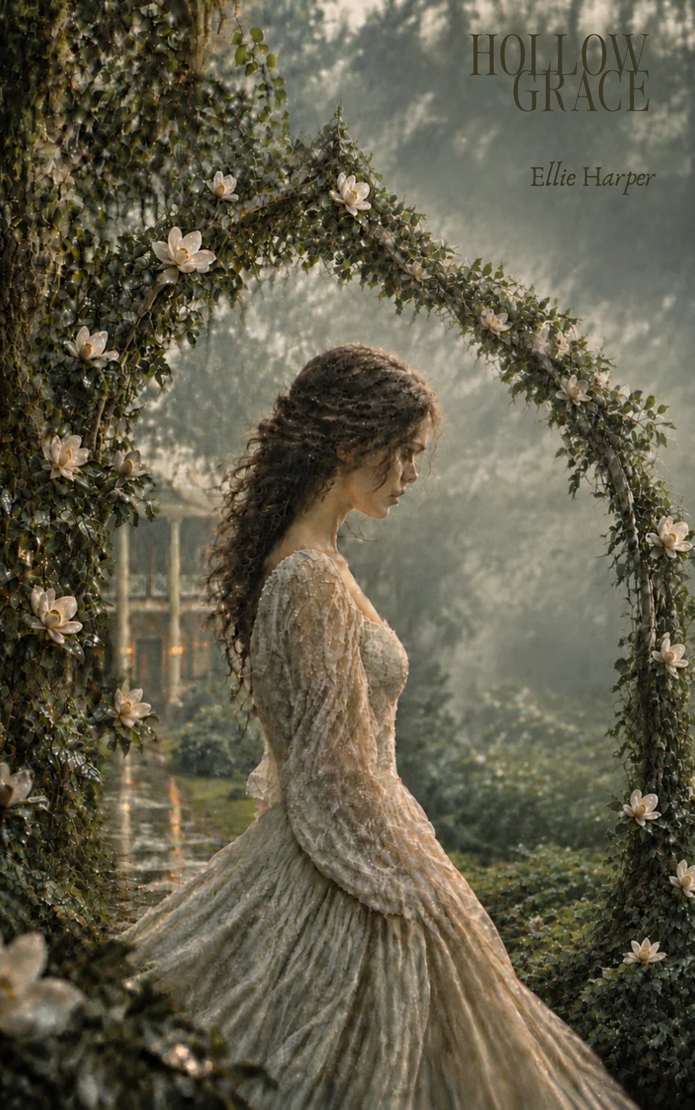 Cover of Hollow Grace by Ellie Harper: a woman in a lace gown beneath a magnolia-covered arch in the mist